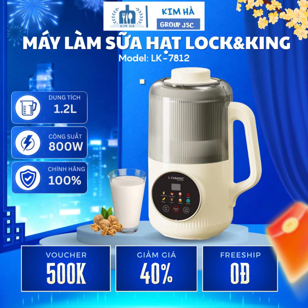 Máy Làm Sữa Hạt Lock&King LK-7812 Hẹn Giờ 24 Giờ, Công Suất 800W Xay Mịn - Kim Hà Group