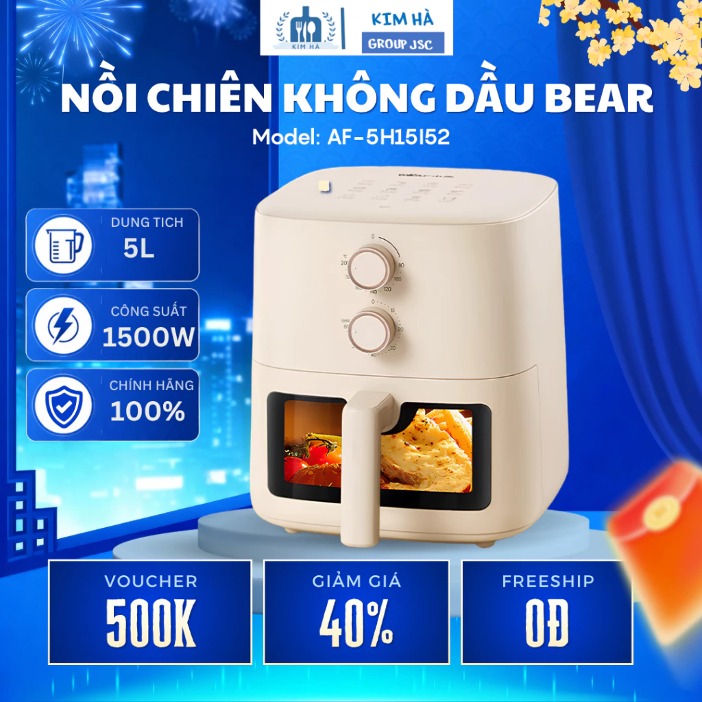 Nồi Chiên Không Dầu Bear 5L AF-5H15I52 Mặt Kính Trong Suốt Tiện Quan Sát, Cảm Biến Tự Ngắt Thông Minh - Kim Hà Group