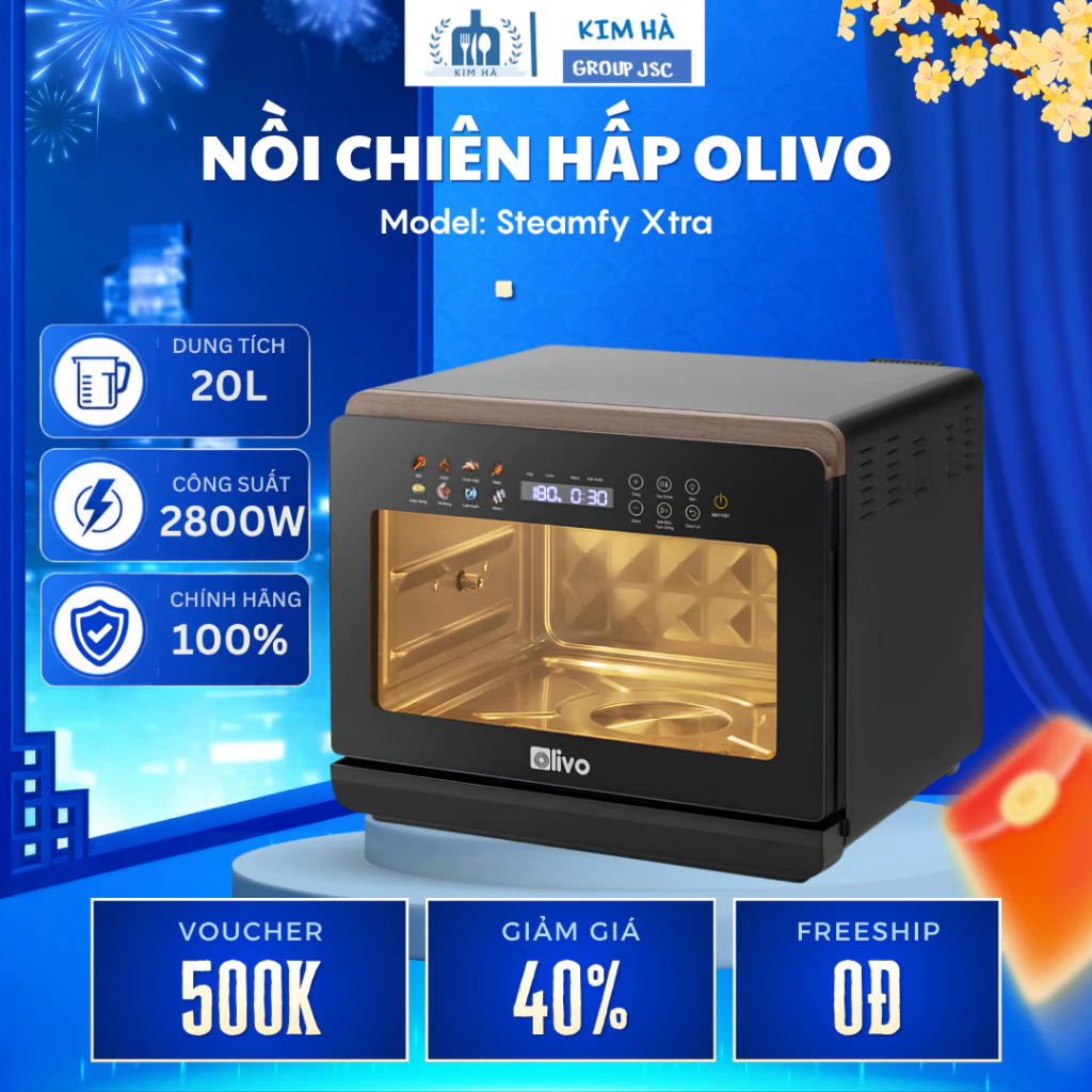Nồi Chiên Hấp Đa Năng OLIVO SteamFry Xtra 20L Quay Gà Nguyên Con, Nướng Bánh Và Hấp Hải Sản - Kim Hà Group
