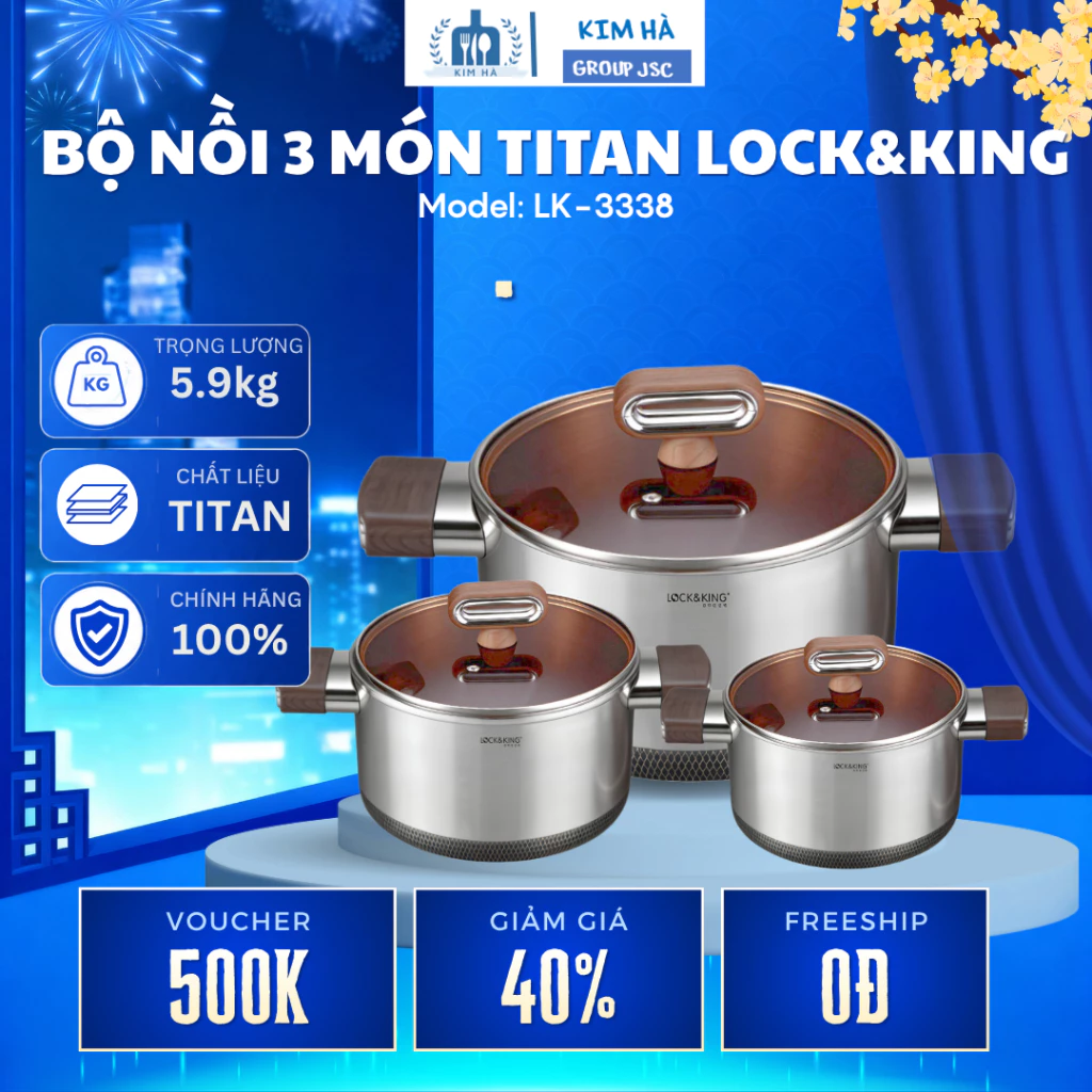 Bộ Nồi 3 Món Titanium Cao Cấp Lock&King LK-3338 Thiết Kế Chuẩn Hàn Quốc, Chất Liệu Inox 316 Siêu Bền - Kim Hà Group