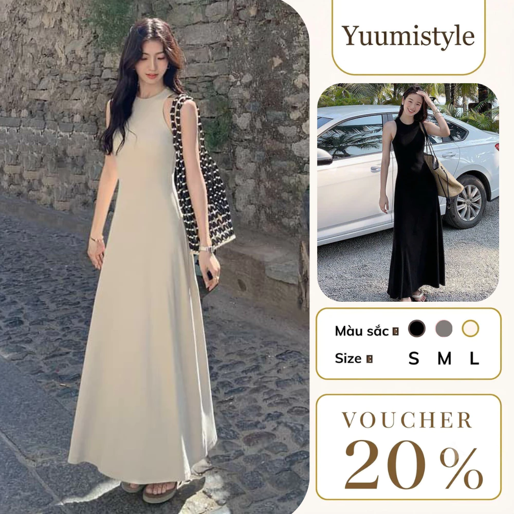 Váy nữ chất thun tăm ôm body D1662, đầm nữ cổ tròn sát nách dáng dài thiết kế năng động trẻ trung YuuMi Style