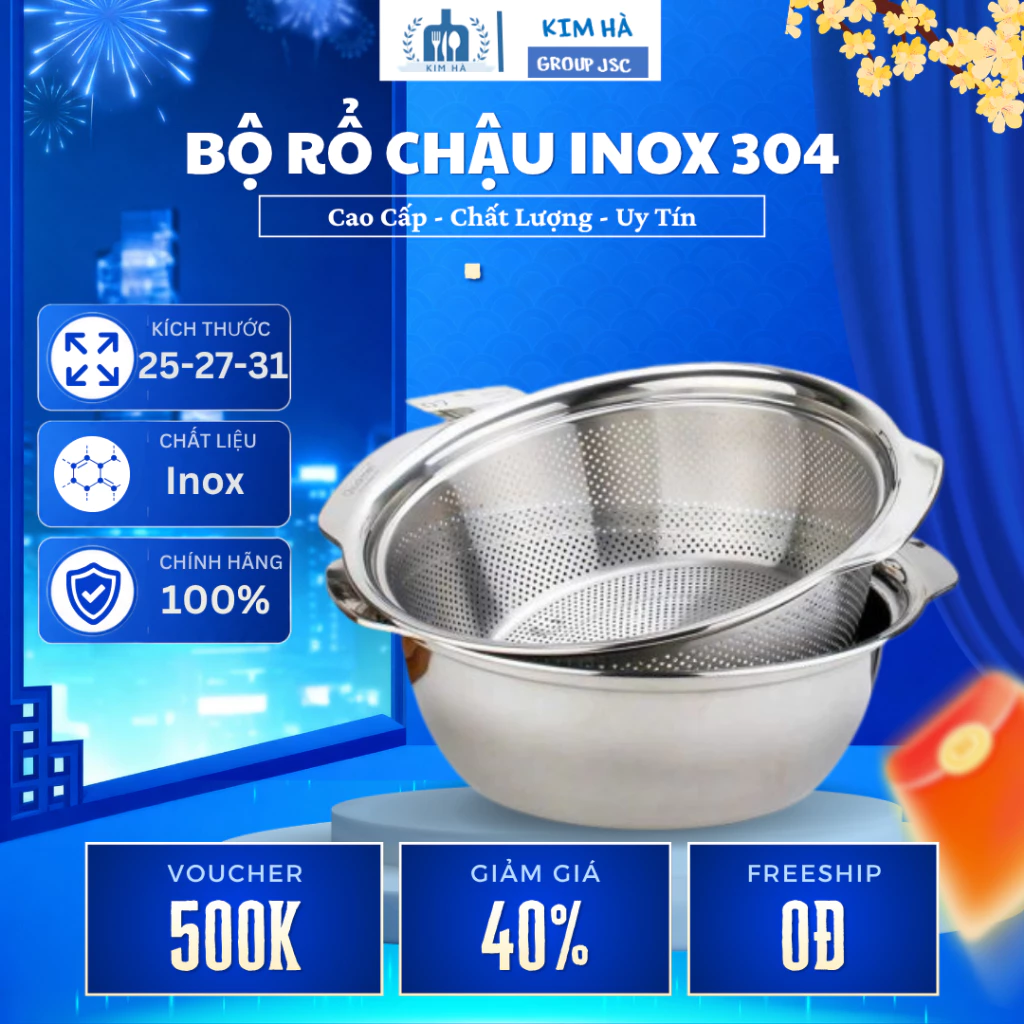 Bộ Rổ Chậu Inox 304 Chất Liệu Dày Dặn, Thích Hợp Rửa Rau Và Sơ Chế Thực Phẩm - Kim Hà Group