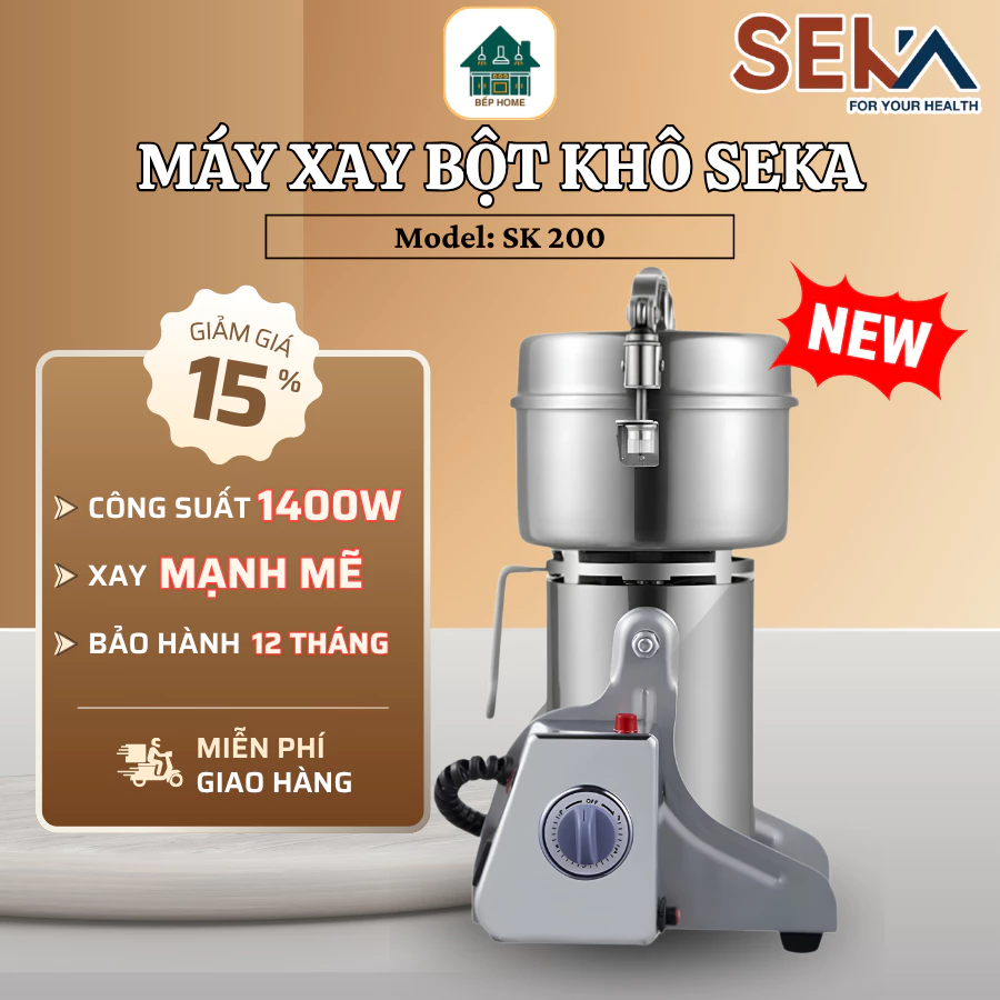 Máy Xay Bột Khô SEKA SK200 Thân Inox 304 Cao Cấp, Xay Ngũ Cốc Hạt Khô Cà Phê Cực Mịn Cho Gia Đình - Bếp Home