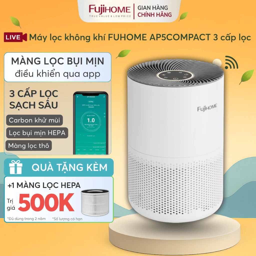 Máy lọc không khí nhập khẩu Hepa FUJIHOME bộ lọc bụi mịn PM 2.5 khử mùi, loại bỏ vi khuẩn vi rút