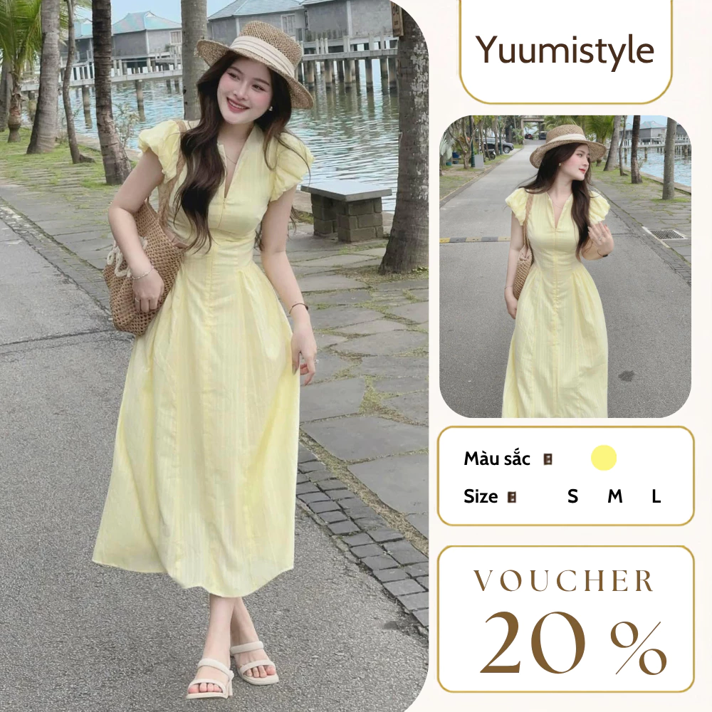 Váy nữ midi vàng tay ngắn bồng dáng xòe cổ V kéo khóa, đầm nữ suông dài chất vải xước nhăn mềm mại Yuumi HCOM25503