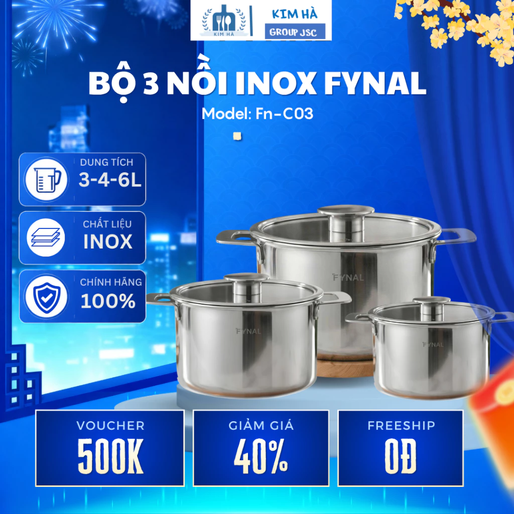 Bộ Nồi Đúc Liền Khối Fynal FN-C03 Thiết Kế Đáy 3 Lớp Đúc Liền Khối, Sử Dụng Hoàn Hảo Cho Mọi Loại Bếp - Kim Hà Group