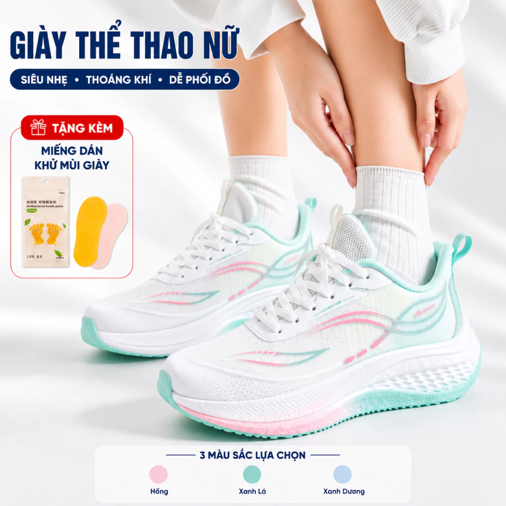 [Tặng dán khử mùi] Giày Thể Thao Nữ 3cm Nhẹ Thoáng Khí Hợp Chạy Bộ, Chơi Pickleball, Gym  Mã A665