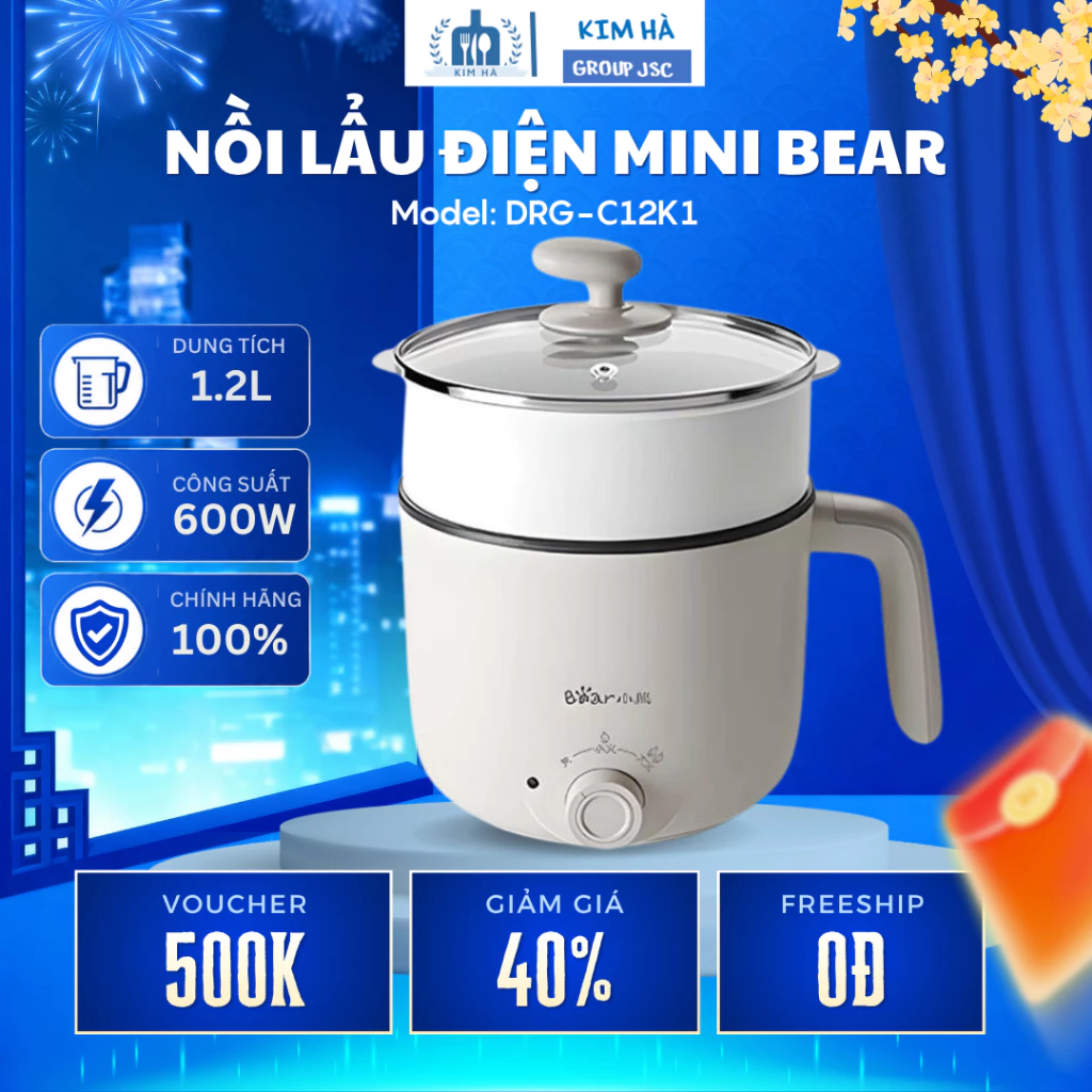 Nồi Lẩu Điện Mini Đa Năng Bear 1.2L DRG-C12K1 Lòng Nồi Chống Dính Dễ Vệ Sinh, Thiết Kế Mini Hiện Đại - Kim Hà Group
