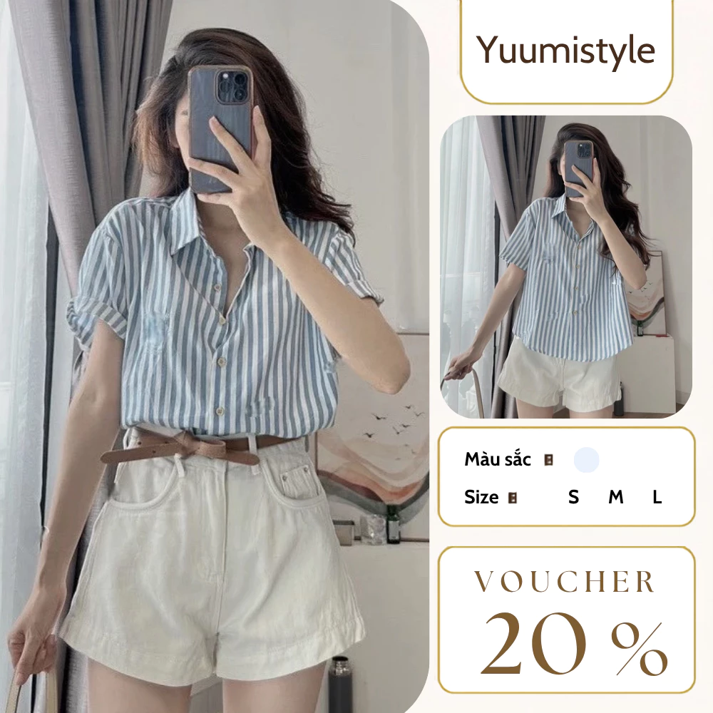 Áo sơ mi nữ cộc tay in chữ ngực thiết kế họa tiết kẻ sọc phối 2 màu xanh trắng trẻ trung thanh lịch D1599 YuuMi Style
