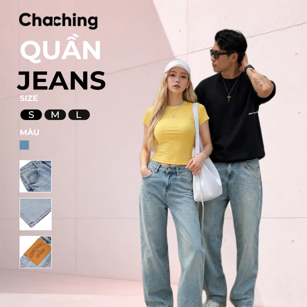 Quần Jeans Nam Nữ Ống Rộng ChaChing, Form Dài Cạp Trễ, Quần Jeans Dày Dặn Phong Cách Streetwear