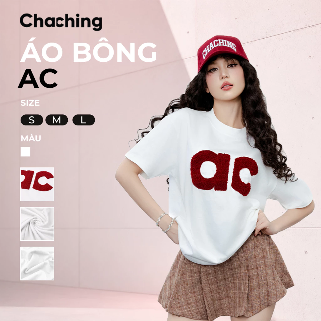 Áo Phông Unisex Chữ AC ChaChing, Thêu Bông Xù Hoạ Tiết  Nổi, Form Rộng Oversize, Chất Liệu Thun Cotton 2 Chiều Mềm Mại