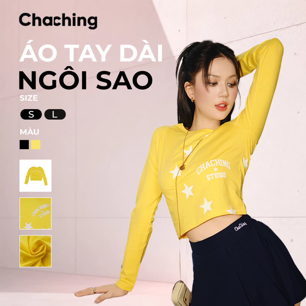 Áo Thun Tay Dài Ôm Dáng Họa Tiết Ngôi Sao ChaChing,  Áo Phông Nữ Chất Cotton Co Giãn Cổ Tròn