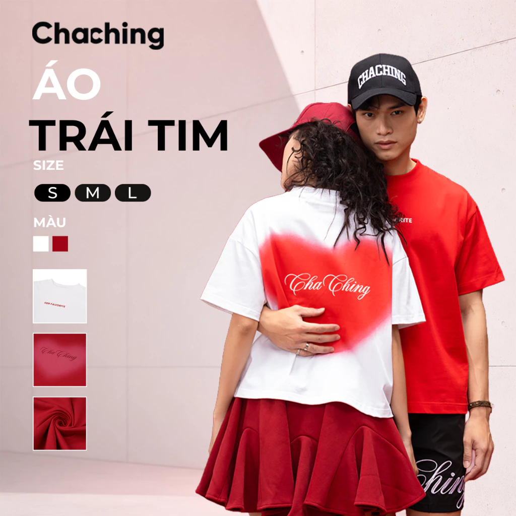 Áo Phông Hình Trái Tim ChaChing 250gsm, Dáng Rộng Unisex, Form Boxy Nam Nữ, Chất Liệu Thoáng Khí