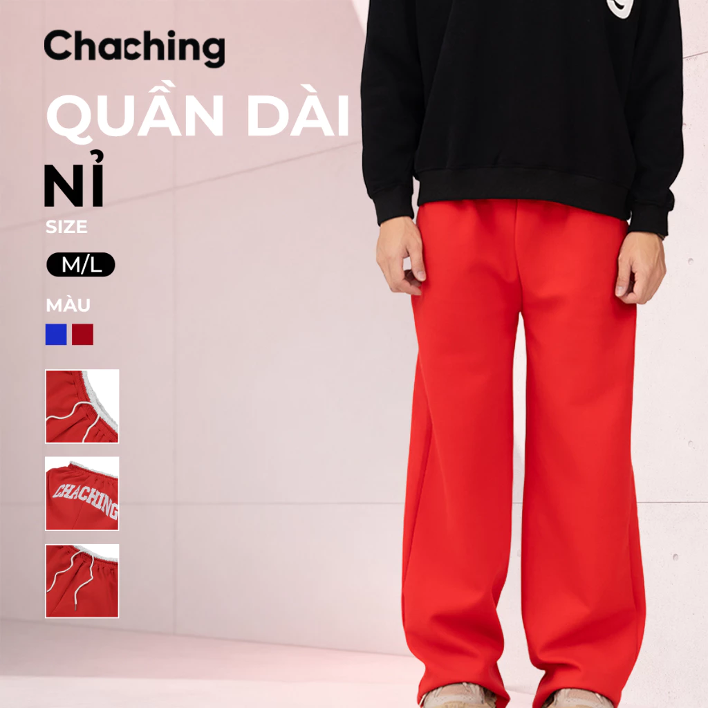 Quần Nỉ Dài Ống Suông ChaChing, Quần Unisex Thêu Logo, Quần Thể Thao Lưng Thun Cao Cấp