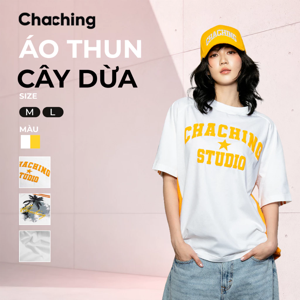 Áo Phông Nam Nữ Form Rộng Cây Dừa ChaChing, In Cây Dừa và Thêu Nổi Logo ChaChing, Chất Liệu Mềm Mại, Thoáng Mát