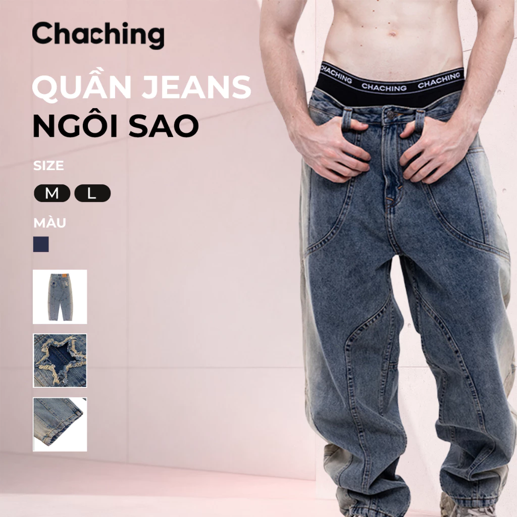 Quần Jeans Ống Rộng Unisex Cạp Thấp ChaChing, In Họa Tiết Ngôi Sao