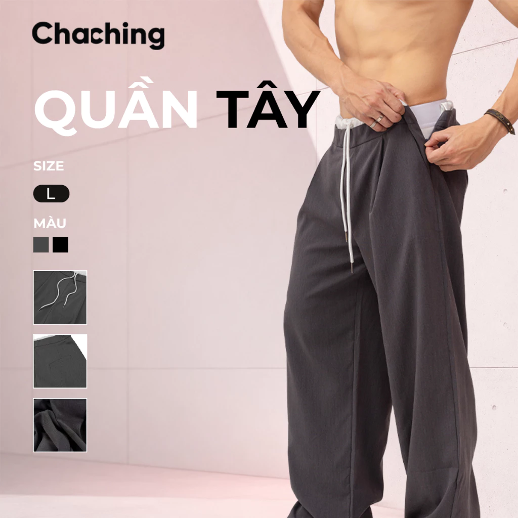 Quần Tây Ống Rộng Unisex ChaChing, Quần Dài Khóa Kéo Bên Hông, Lưng Thun Co Giãn, Form Suông Đứng Dáng