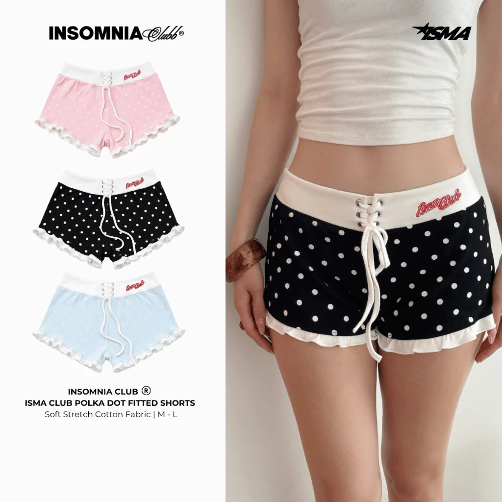 [Deal Mở Bán] Quần Short Nữ Hoạ Tiết Chấm Bi Thêu "ISMA CLUB" INSOMNIA Dáng Ôm Dây Rút Eo - PS032