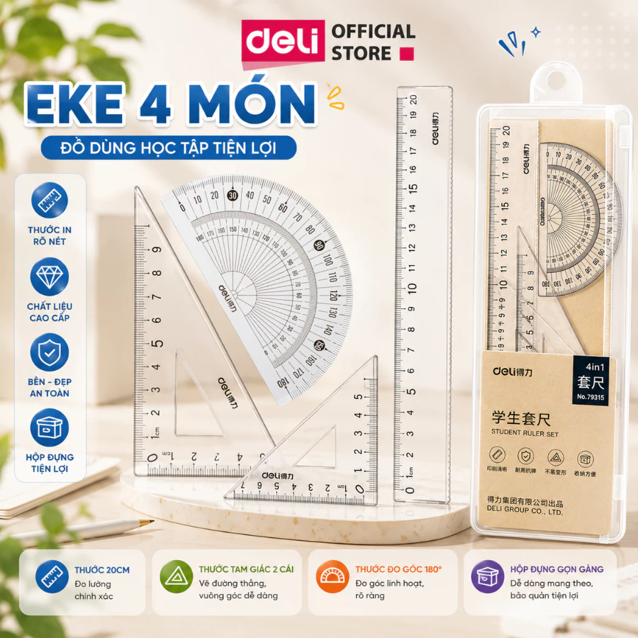 Bộ 4 dụng cụ eke học sinh Deli - 1 bộ eke thước kẻ đo góc tam giác vuông - Phù hợp với học sinh, dân văn phòng