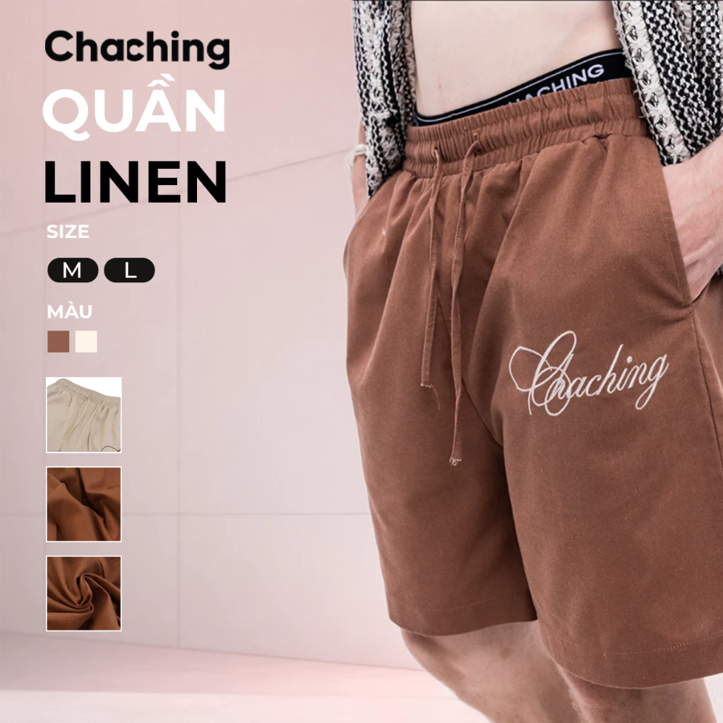 Quần Short Unisex Vải Linen Thêu Logo ChaChing, Quần Đùi Linen Nam Nữ Form Rộng Chất Liệu Vải Linen Cao Cấp