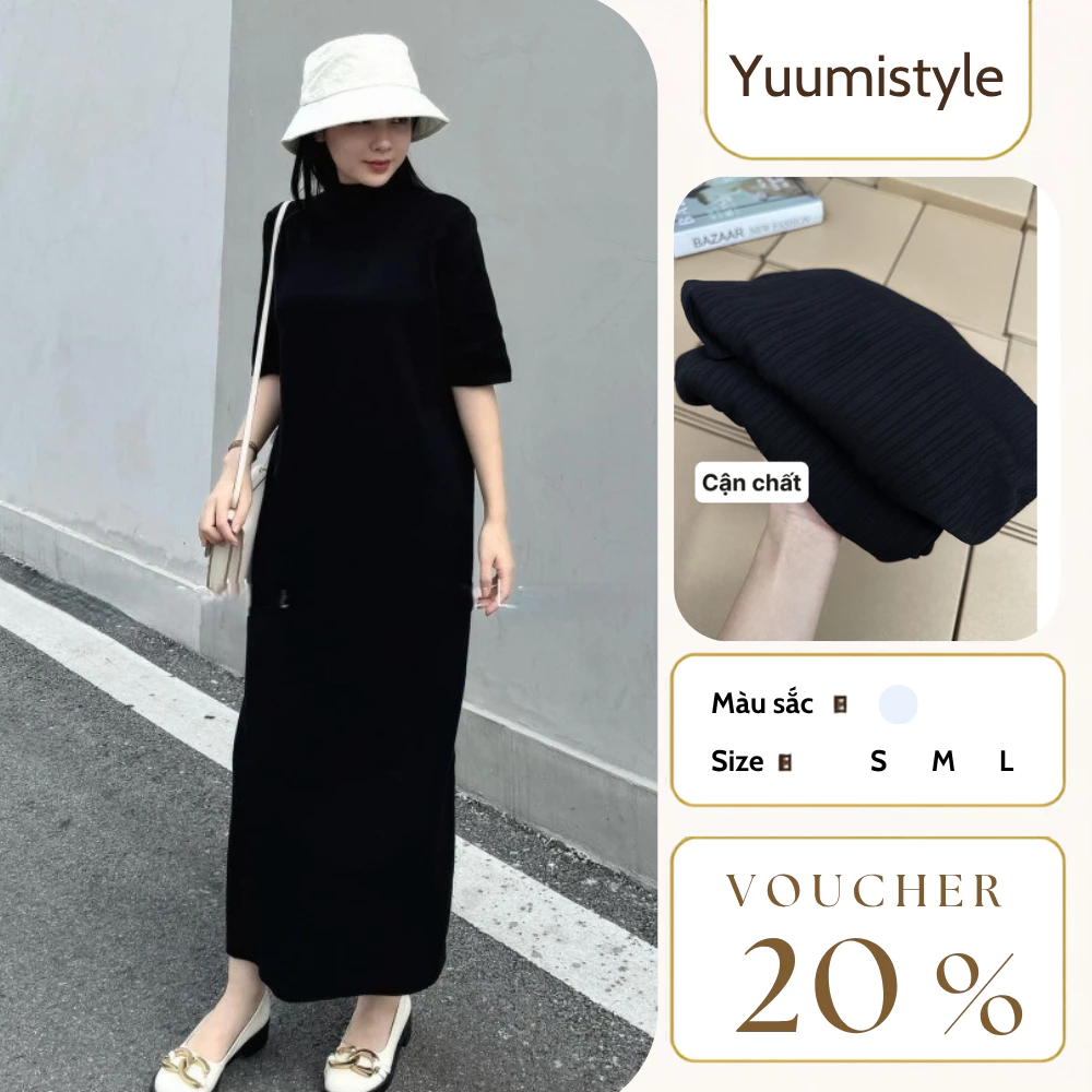 Đầm nữ,váy nữ liền thân cộc tay dáng dài cổ 3 phân chất len gân mềm mại form rộng tôn dáng siêu xinh D221 YuuMi Style