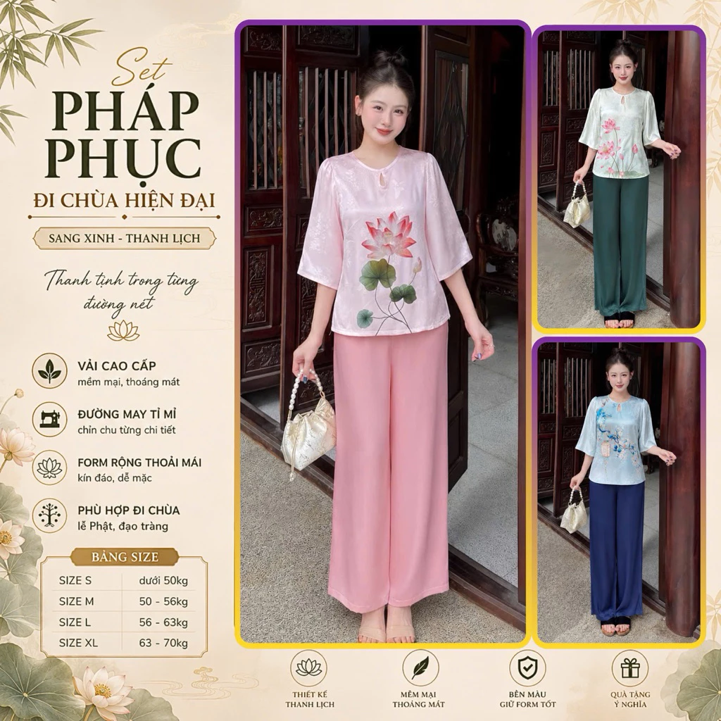 LAM19  Đồ lam đi chùa, pháp phục cao cấp cổ giọt nước quần dài có túi, thiết kế trẻ trung