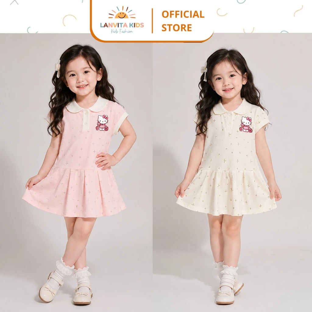 Set Váy Bé Gái Cổ Sen Hello Kitty Tay Ngắn Chất Mềm Váy Xòe Dễ Thương Cho Bé 9-35kg | LANVITA KIDS
