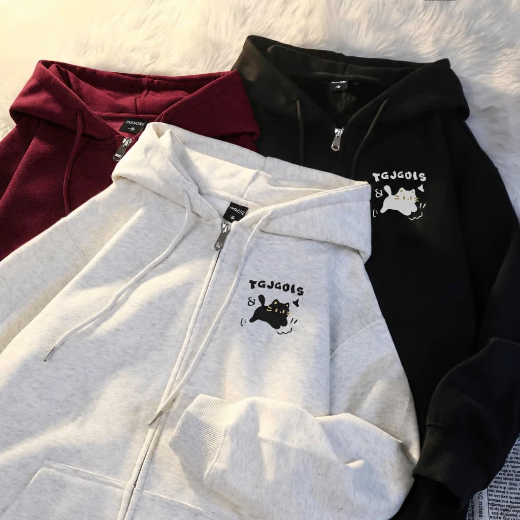 Áo Khoác Hoodie Zip Mèo TGJGOIS Nỉ Lông Cáo Dày Dặn Form Boxy Unisex Có Mũ Khóa Kéo Nam Nữ KONOVA