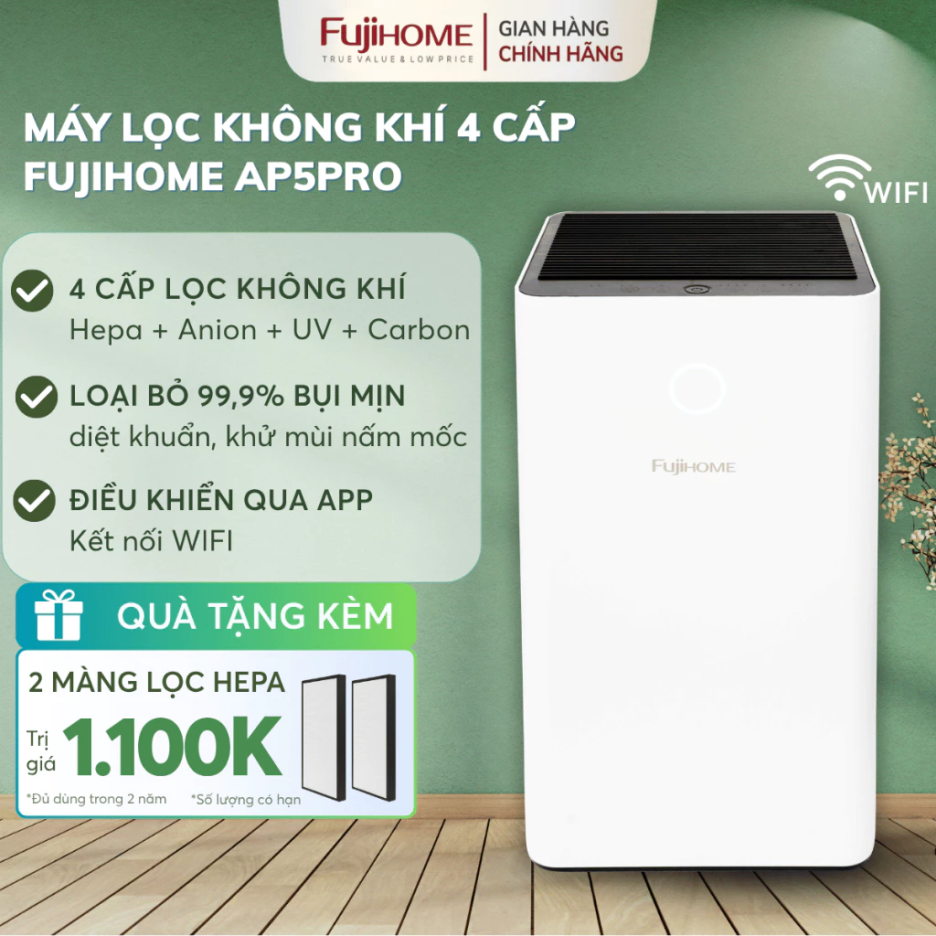 Máy lọc không khí Nhập Khẩu FUJIHOME 4 cấp điều khiển bằng app, lọc không khí HEPA