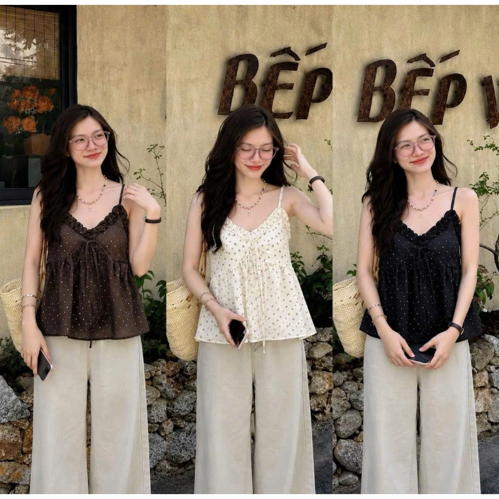 Áo hai dây hoa nhí,Áo kiểu babydoll đính nơ cổ V chất đũi nhiều màu phong cách Vintage