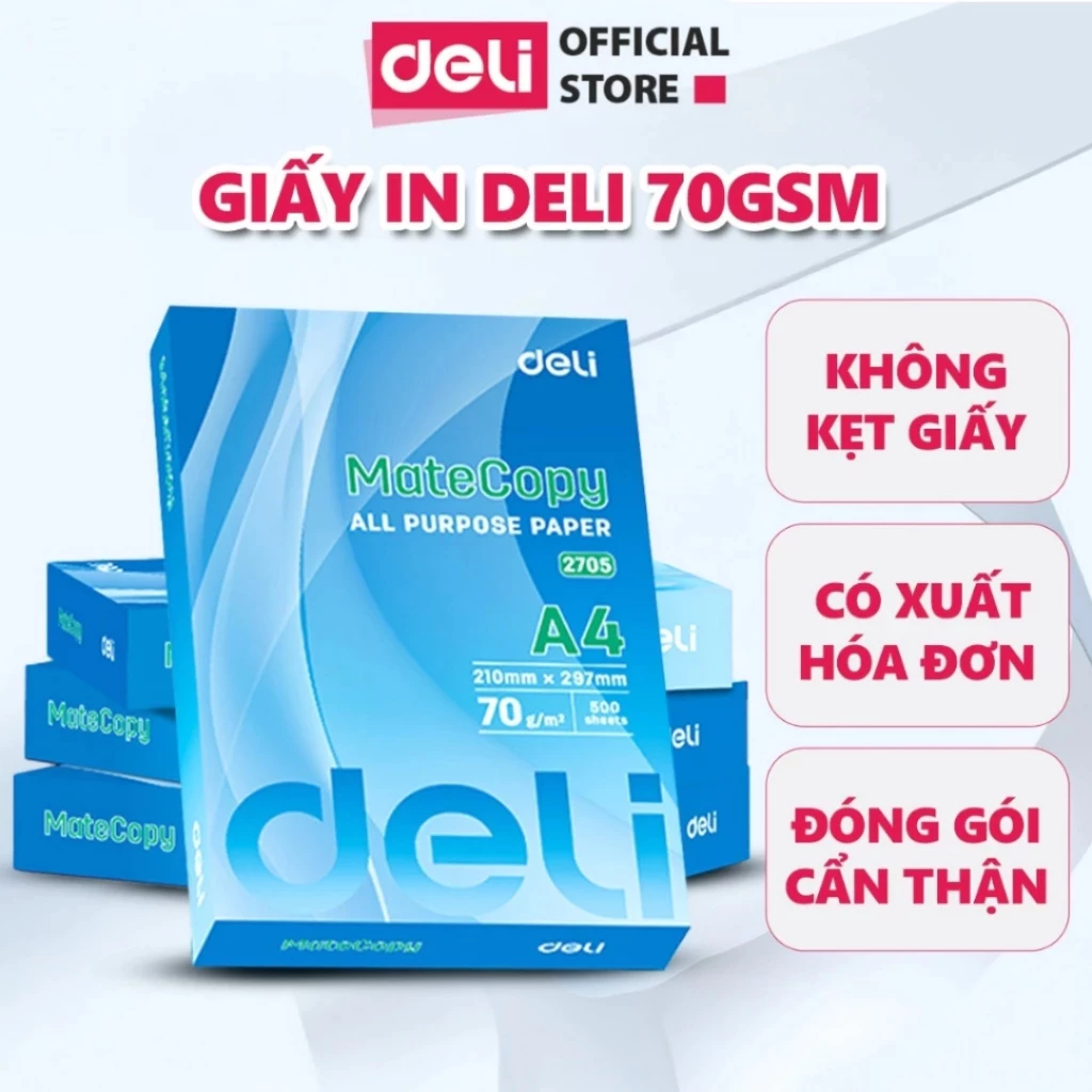 500 Tờ Giấy A4 70 gsm Deli Giấy In Photo Cao Cấp Chính Hãng - Giấy Vẽ Chống Lóa Mỏi Mắt Độ Dày Cao Không Lem Mực