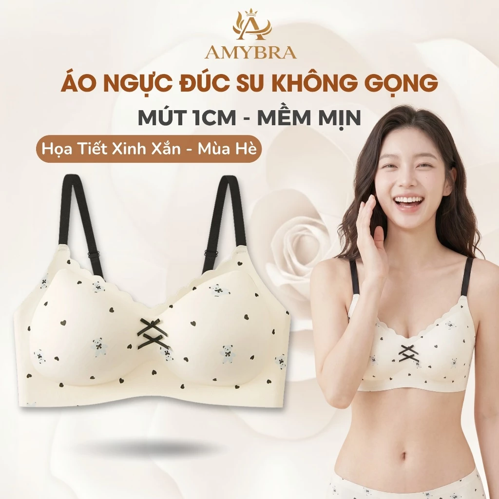 Áo Ngực Nữ Đúc Su Mịn Họa Tiết Ngọt Ngào, Áo Lót Mút Mỏng 1cm Cố Định Không Xô Lêch AMYBRA A988