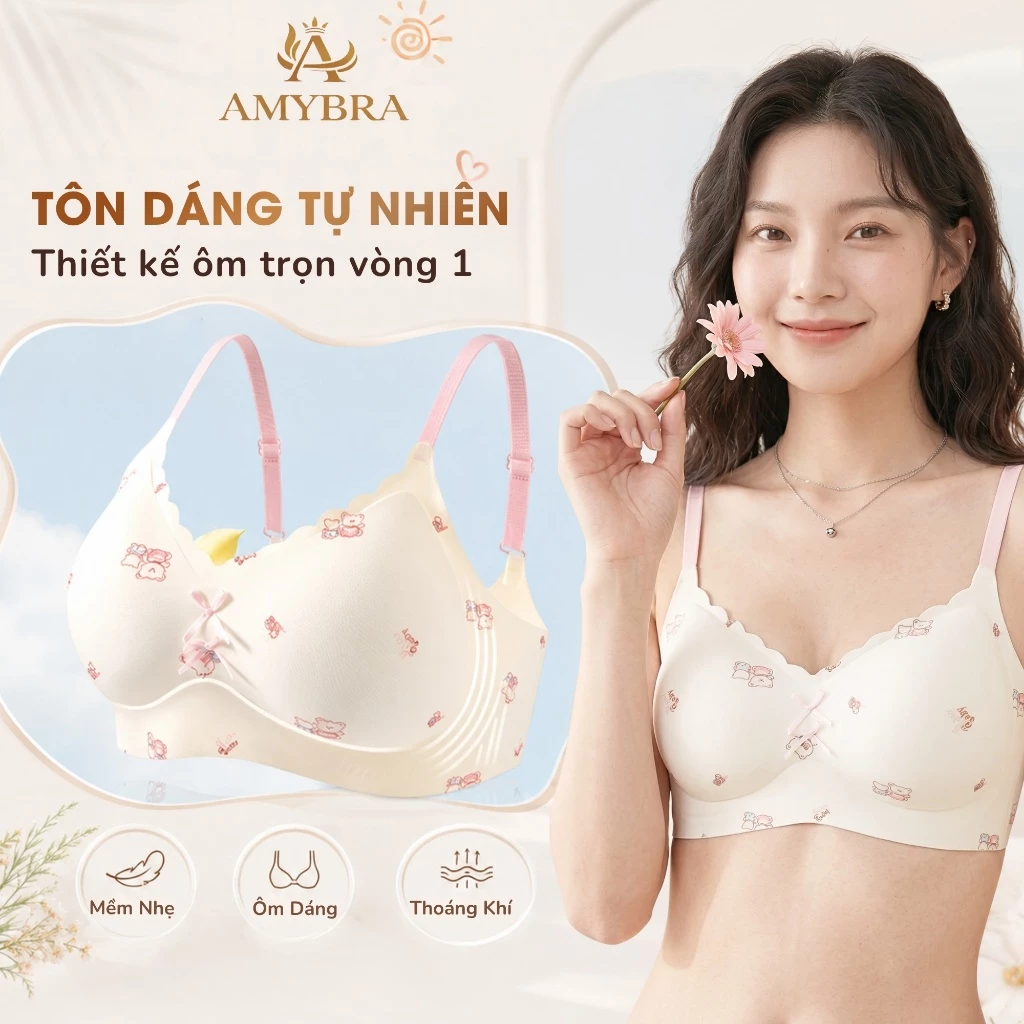 [ AMYBRA BST HÈ ] Áo Ngực Nữ Su Không Gọng Mút 1cm Cố Đinh, Áo Lót Họa Tiết Gấu Nơ Ngọt Ngào A988