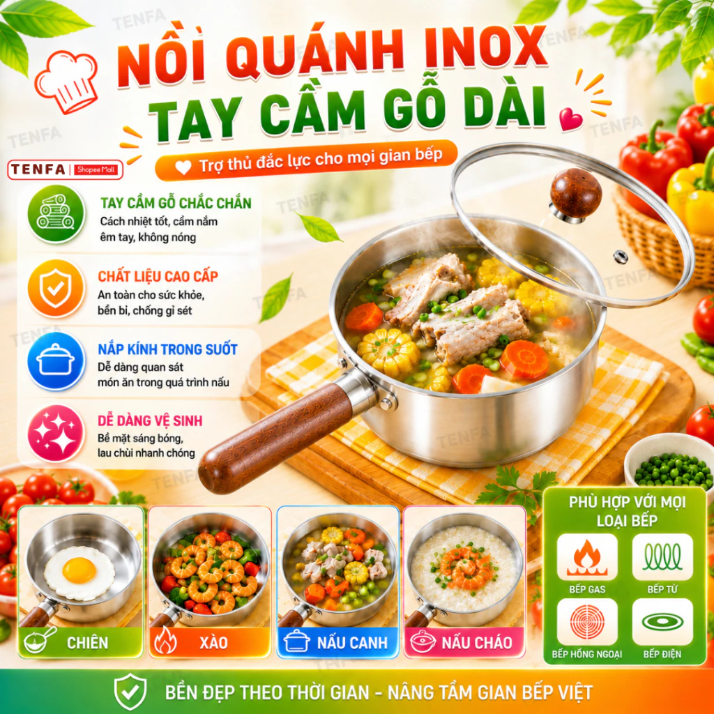 Nồi Quánh inox 304 mini đa năng nấu bột ăn dặm, cháo, mì, sữa tay cầm gỗ, Combo chảo mini dùng cho bếp từ, gas