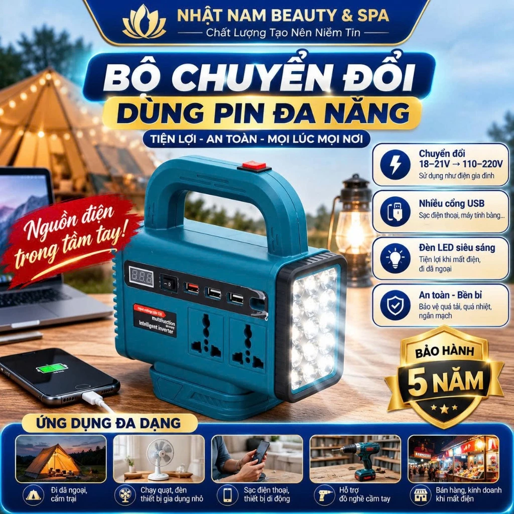 Bộ Chuyển Đổi Nguồn Điện Đa Năng Dùng Pin Phổ Thông, Đa Dạng Ổ Cắm, Có Đèn Led Siêu Sáng, Thiết Kế Nhỏ Gọn Tiện Lợi