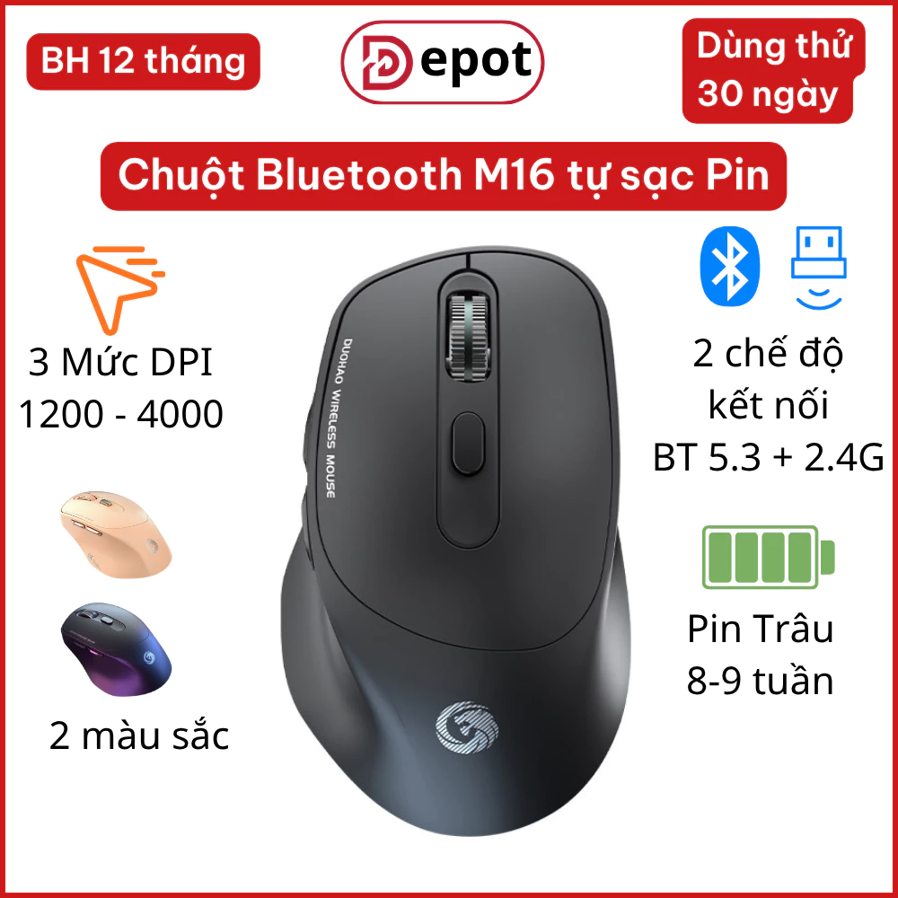 Chuột Không Dây Bluetooth M16 Tự Sạc Pin Kết Nối 2 Chế Độ Cho Mọi Thiết Bị, Chuột Ko Dây Cao Cấp Bảo Hành 12 Tháng.