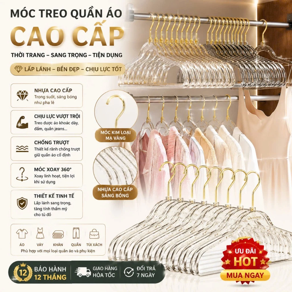 Móc Treo Quần Áo Nhựa Pha Lê Kim Tuyến Chống Trượt Xoay 360° Chịu Lực Cao Bền Đẹp