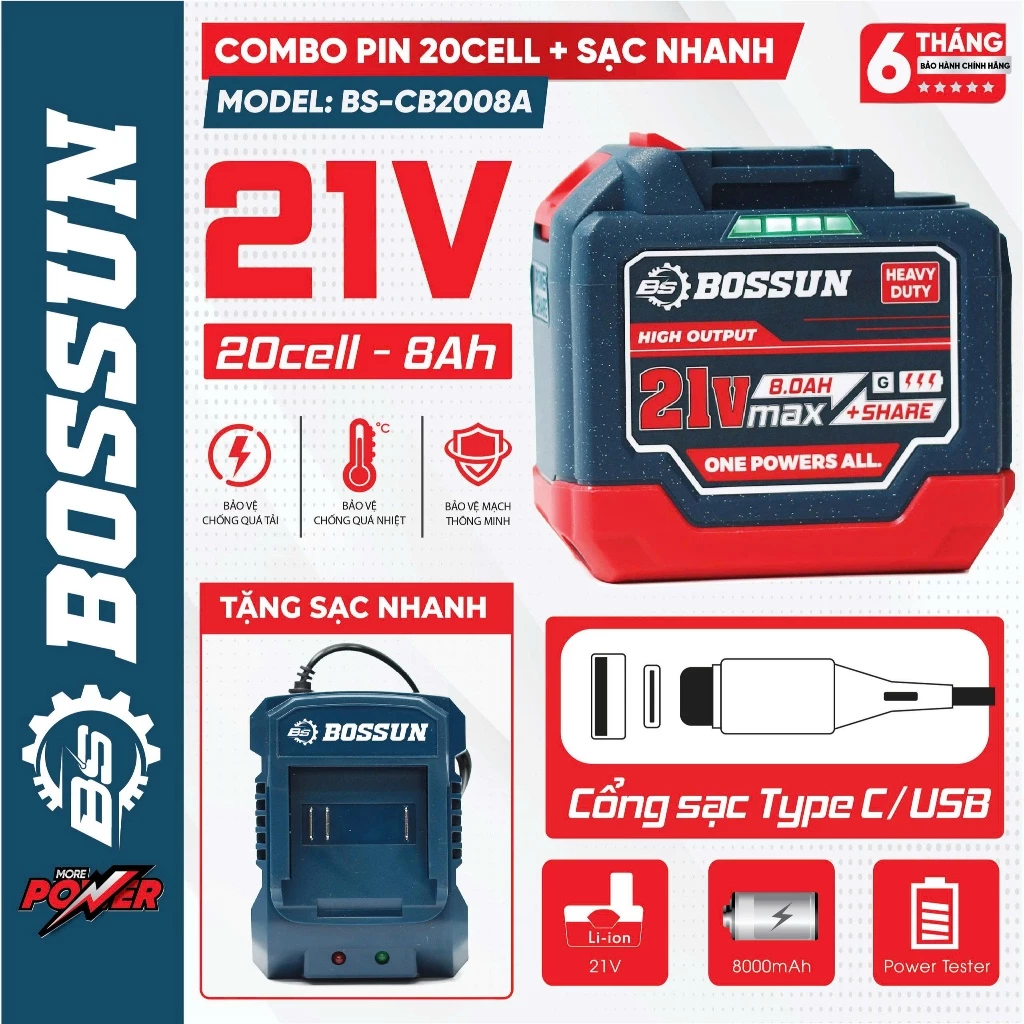 Bộ pin sạc 21V Bossun BS-CB2008A (Pin 20 Cell 8Ah + Sạc nhanh) Cổng Type C USB - Phụ kiện máy khoan, máy vặn vít, bulong