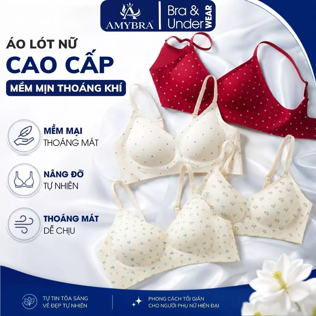 Áo Lót Nữ Hoa Nhí Không Gọng AMYBRA A974 Áo Ngực Mút Đệm 1CM Cổ Chữ V Tạo Khe Nâng Đỡ V1
