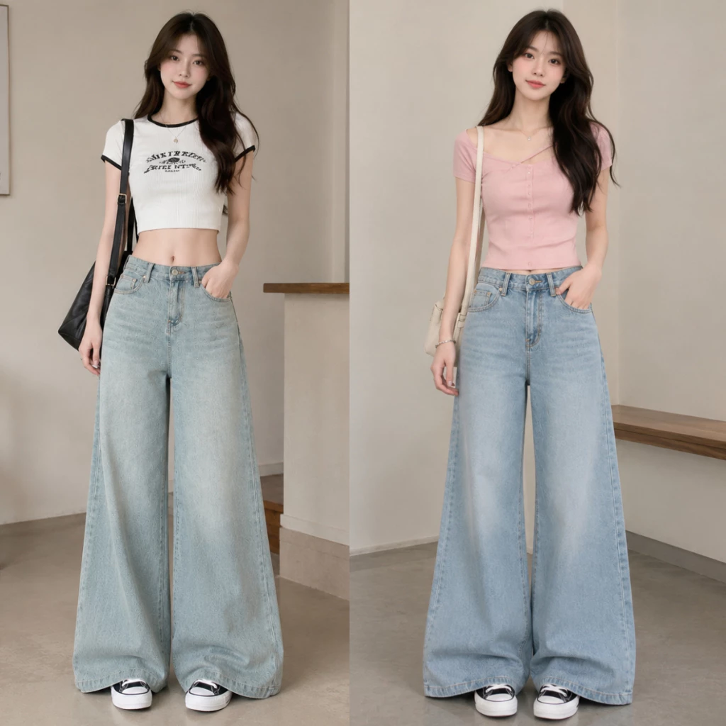 Quần Jean Nữ MIAA dáng Loe Suông RỘNG màu xám xanh cạp cao có size cho nấm lùn dài 95-100cm