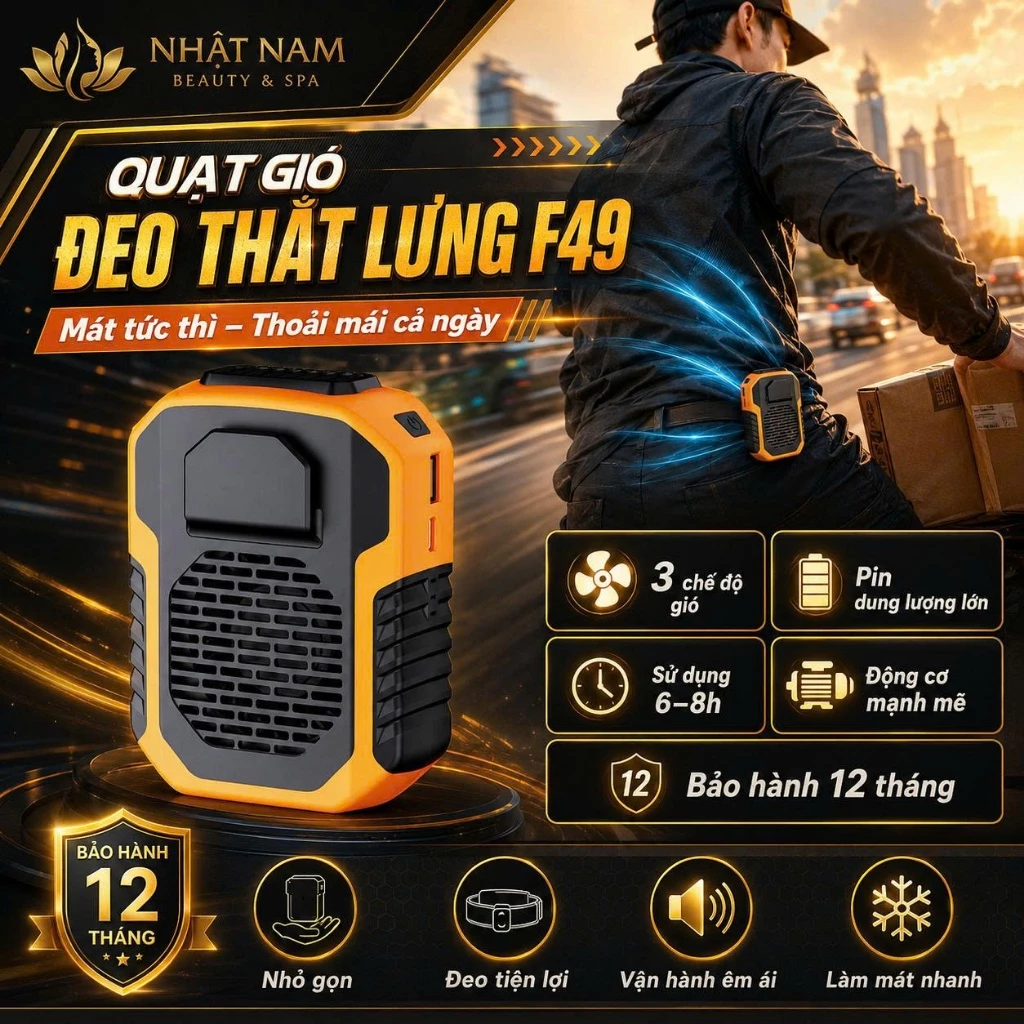 Quạt Đeo Thắt Lưng F49 - Quạt Gió Điều Hoà Đeo Hông Pin 6000 mAh Sử Dụng 6-8h Có Cổng Sạc Dự Phòng, Thiết Kế Nhỏ Gọn