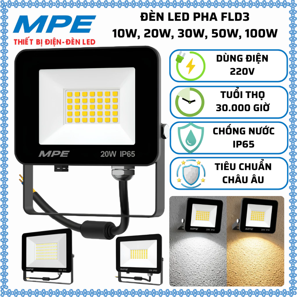 Đèn Led Pha 10W, 20W, 30W, 50W, 100W Tiêu chuẩn Châu Âu Sáng Trắng, Vàng Dùng điện 220V MPE FLD3