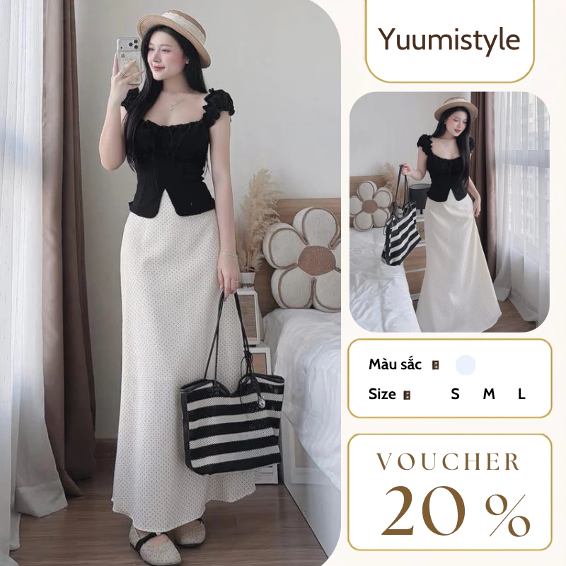 Set đồ nữ đi chơi áo kiểu cổ vuông tay bồng mix chân váy maxi chấm bi dáng dài vintage tôn dáng HCOM27096