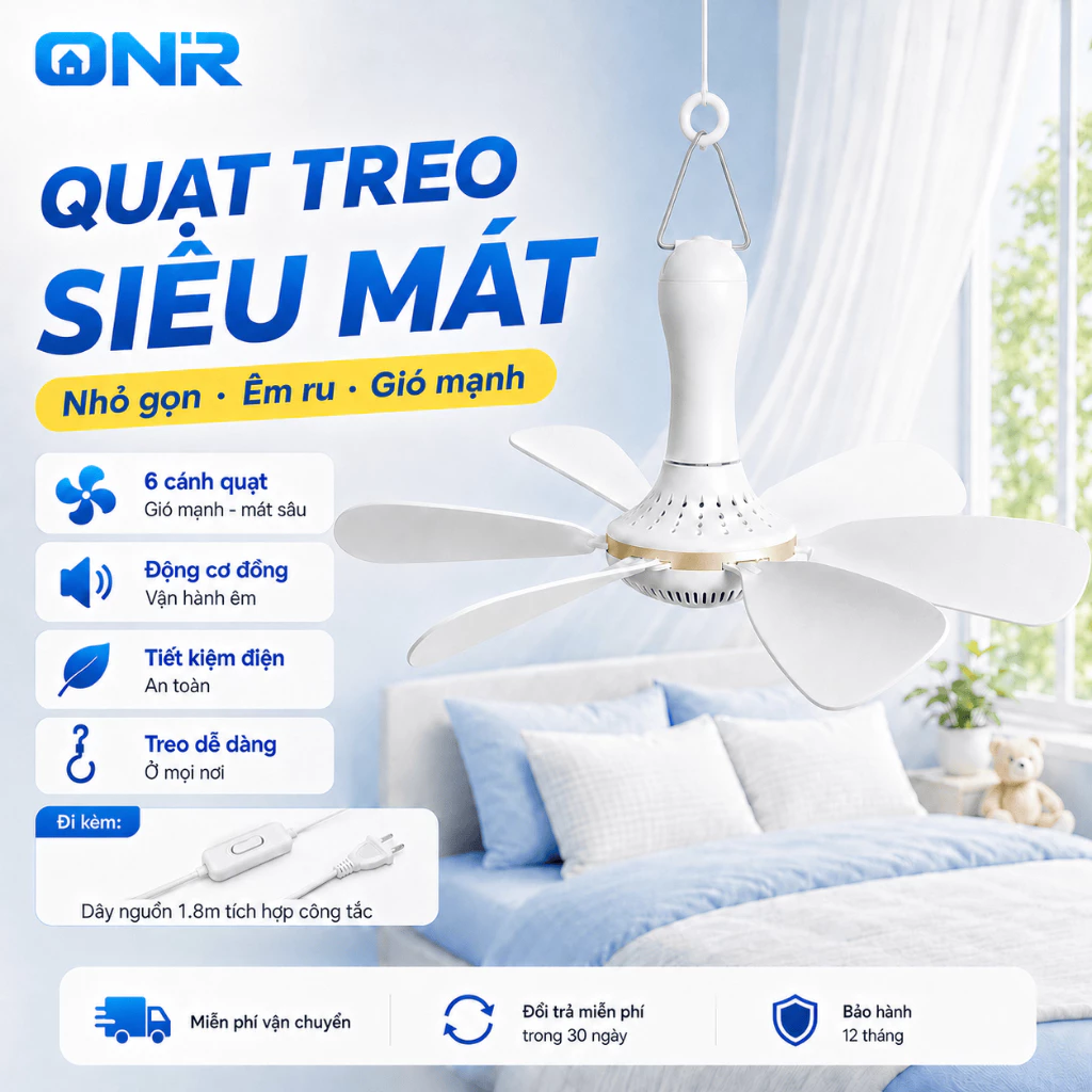 ONR Quạt Trần Mini 6 Cánh, Quạt Treo Phòng Ngủ Ký Túc Xá 8W, Động Cơ Đồng Êm Ái, Dây Điện 1.8M