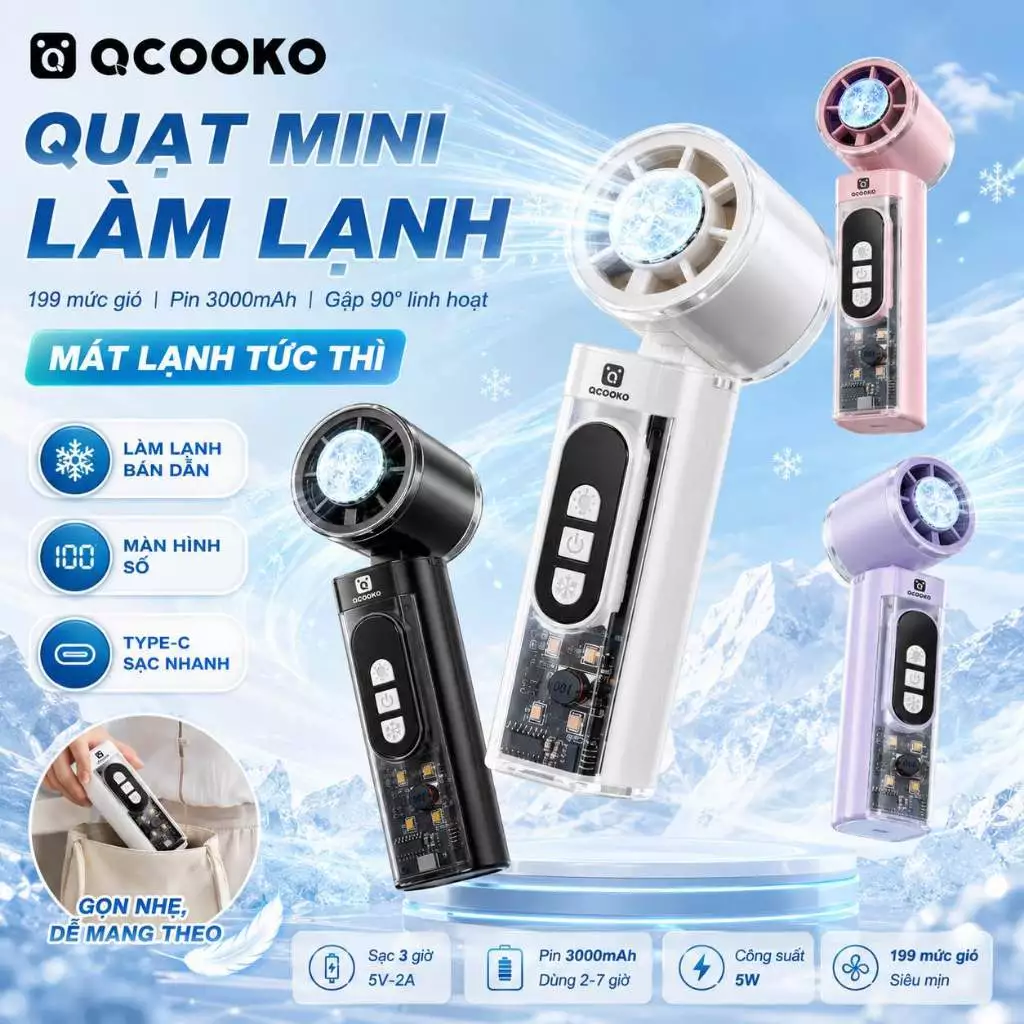 [Tặng Dây Đeo] Quạt Mini Quạt cầm tay làm lạnh bán dẫn QCOOKO – Nhỏ Gọn, 199 Cấp Gió, Pin 3000mAh, Siêu Mát