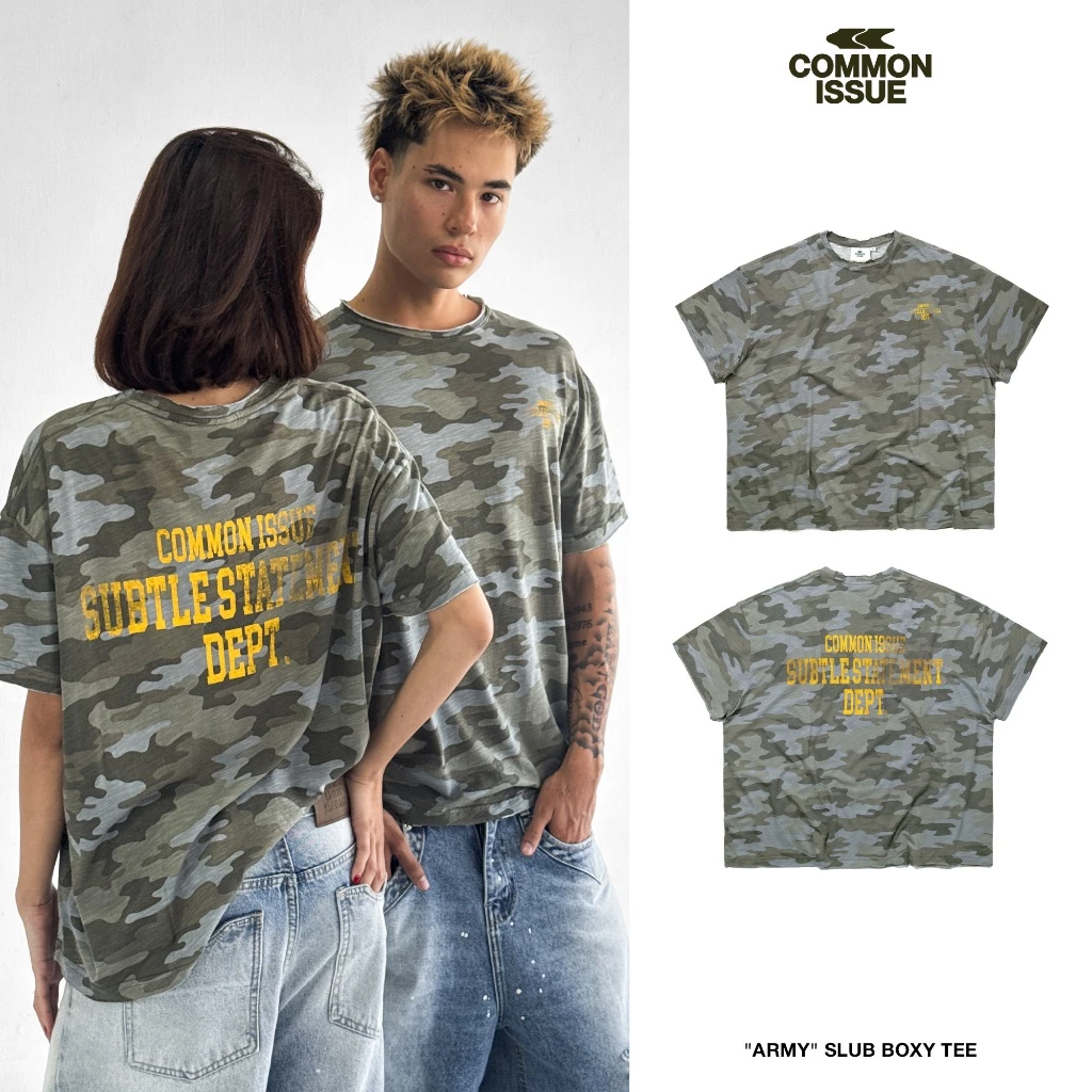 Áo Thun Form Boxy "ARMY” Chất Vải Slub Mỏng 220gsm Họa Tiết Rằn Ri Camo Unisex Nam Nữ | Common Issue