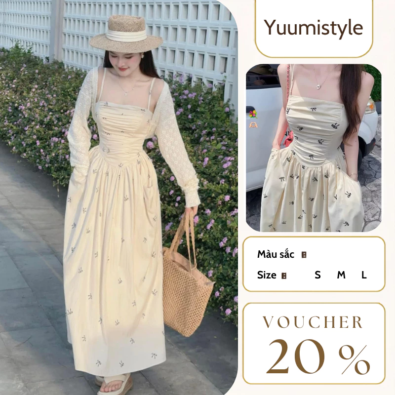 Váy nữ 2 dây cúp ngực chiết eo họa tiết nơ nhí siêu xinh kèm áo khoác cadigan mỏng,đầm nữ dáng dài tiểu thư HCOM25494