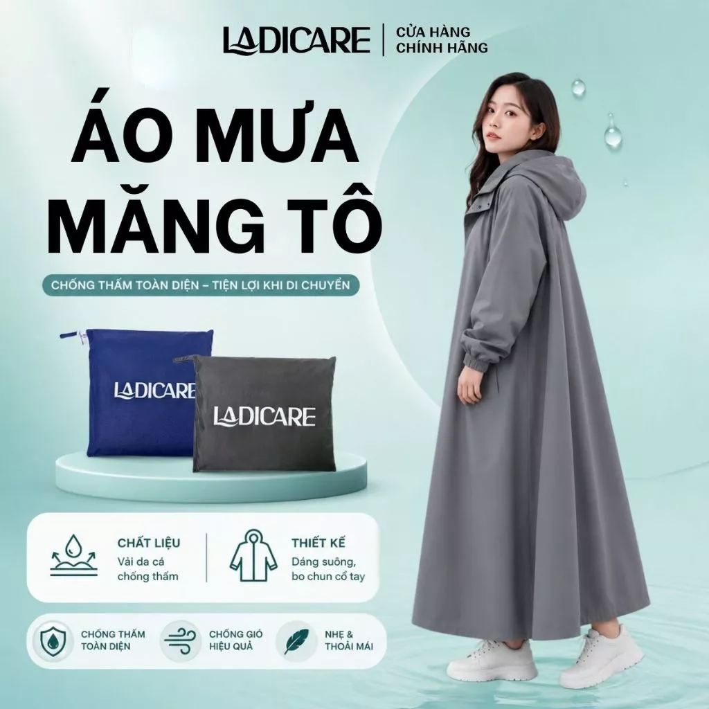 Áo mưa LADICARE măng tô [LOẠI TỐT] có dây kéo, vải da cá chống thấm, phù hợp cho cả nam nữ đi xe máy