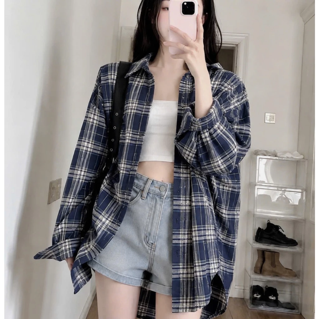 Áo Sơ Mi Kẻ Sọc Bigsize Nữ, Sơ Mi Khoác Ngoài Tay Dài Phom Rộng Vải Caro Mềm Mát SM182