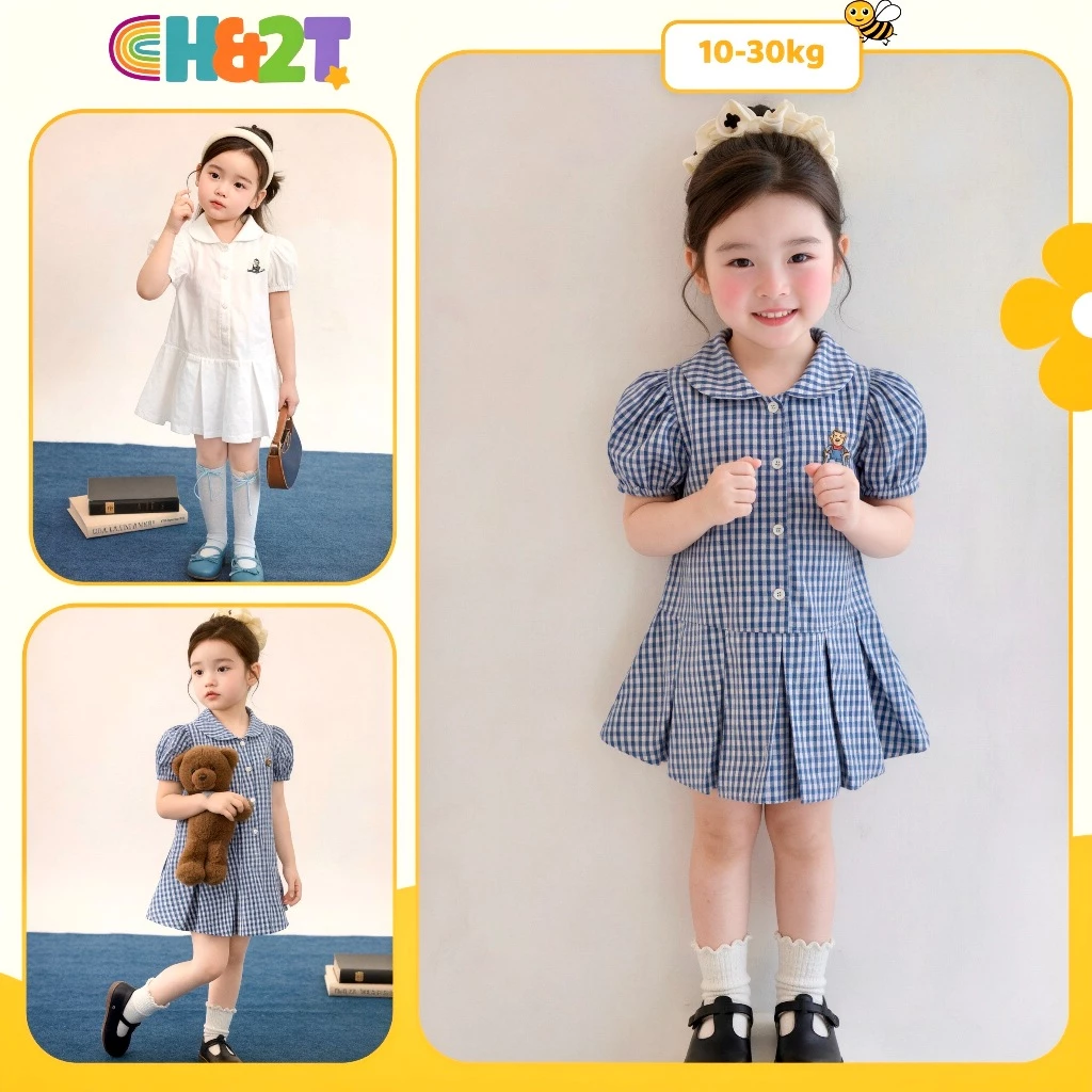 Váy bé gái cổ sen tay bồng dáng xoè dập ly, đầm polo cổ bẻ cao cấp cho bé đi học đi chơi H&2T - S12